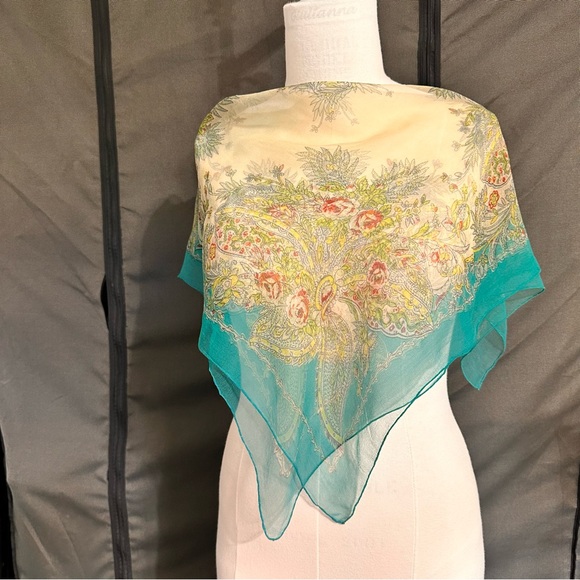 Vintage Women's Scarf Silk Handmade Green Multicolor Scarves Wraps Floral Soft - Picture 3 of 7